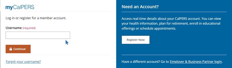 myCalPERS pre-log in screen. The Participant radio button is highlighted.