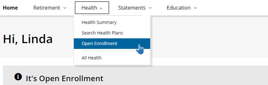 myCalPERS member home screen. The Health tab and Open Enrollment navigation link are highlighted