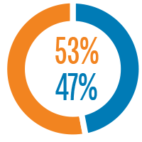 Pie chart showing the percentage of gender diversity of CalPERS employees for fiscal years 2017-18: 53% female, 47% male