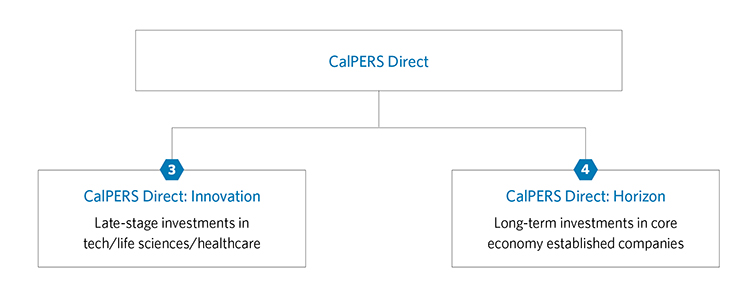 CalPERS Direct is composed of two parts: CalPERS Direct Innovation and CalPERS Direct Horizon. CalPERS Direct Innovation will invest in late stage investments in tech, life sciencesm and healthcare. CalPERS Direct Horizon will invest in long-term investments in core economy established companies.