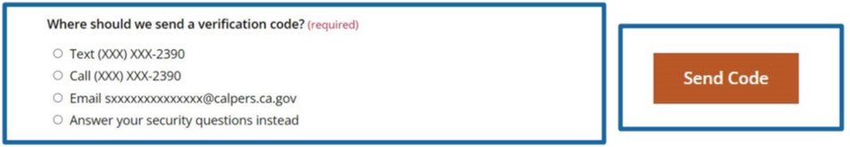 Screenshot of the myCalPERS username recovery page. Users are asked how they’d like to recover their username. They’re presented with choices for receiving a verification code: by text message, phone call, email, or they can answer their security questions instead. If they select text, call, or email, select Send Code. If they select answer their security questions instead, select Continue.