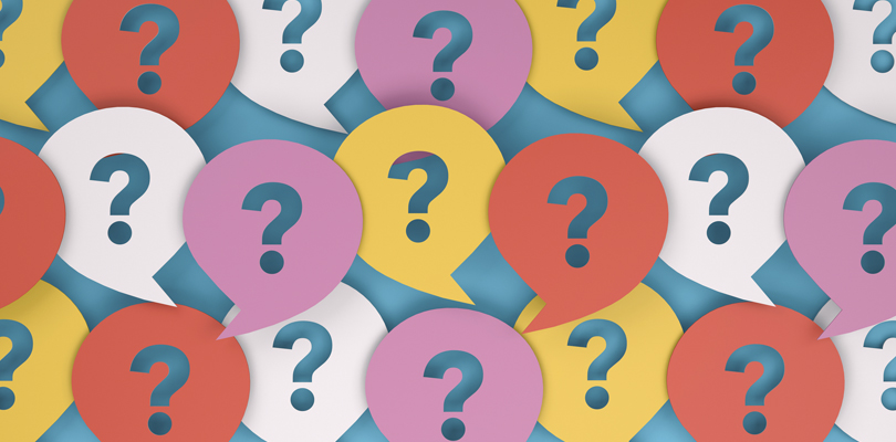 Multiple speech bubbles with question marks inside