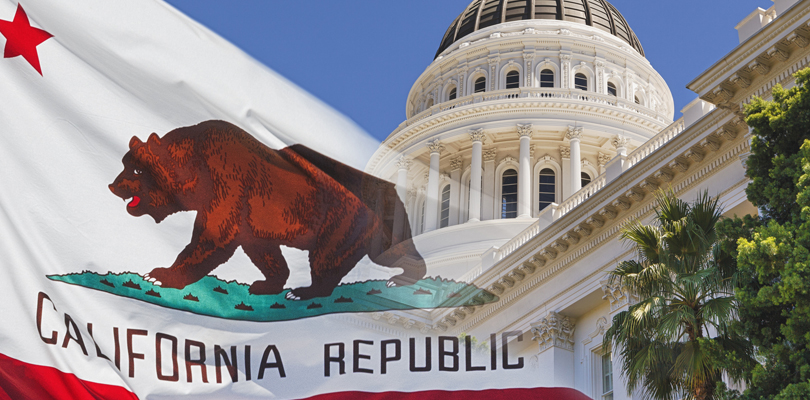 California State Flag semi-transparent overlayed on top of the California State Capitol Building