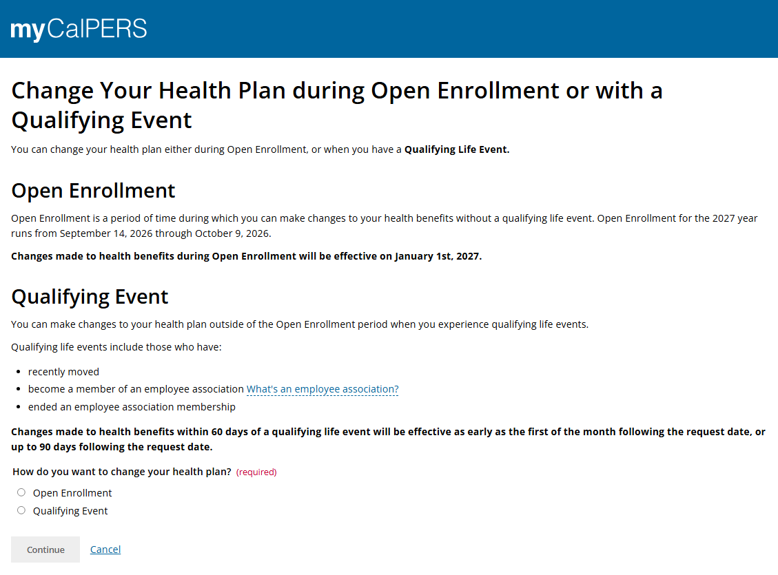 User on the screen titled "Change Your Health Plan during Open Enrollment or with a Qualifying Event" where the "Open Enrollment" option can be found under "How do you want to change health plan?"
