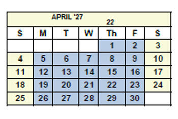 April 2027 calendar displayed in a table format with days of the week labeled Sunday through Saturday. The number ‘22’ appears in the header to indicate there are twenty-two total workdays in the month. Monday through Friday are highlighted in blue to represent scheduled workdays. Weekends (Saturday and Sunday) are unshaded.