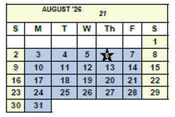 August 2026 calendar displayed in a table format with days of the week labeled Sunday through Saturday. The number ‘21’ appears in the header to indicate there are twenty-one total workdays in the month. Monday through Friday are highlighted in blue to represent scheduled workdays. Weekends (Saturday and Sunday) are unshaded. Thursday, August 6, is marked with a star symbol to represent the first day of the school year.