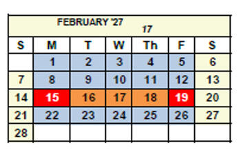 A February 2027 calendar is shown in a table with days labeled Sunday to Saturday. The header displays ‘17’ to indicate seventeen total workdays. Most weekdays (Monday to Friday) are highlighted blue for scheduled workdays. February 16–18 (Tuesday to Thursday) are highlighted orange for break days. February 15 (Monday) and February 19 (Friday) are highlighted red for holidays. Weekends (Saturday and Sunday) are left unshaded.