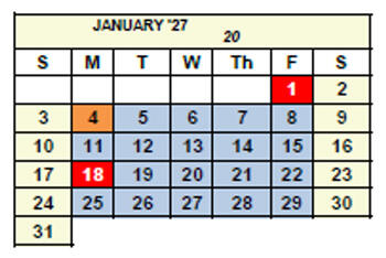 January 2027 calendar displayed in a table format with days of the week labeled Sunday through Saturday. The number ‘20’ appears in the header to indicate there are twenty total workdays in the month. Most weekdays Monday through Friday are highlighted in blue to represent scheduled workdays. Monday, January 4, is highlighted in orange to represent a non-workday or break day. Friday, January 1, and Monday, January 18, are highlighted in red to represent holidays. Weekends (Saturday and Sunday) are unshaded.