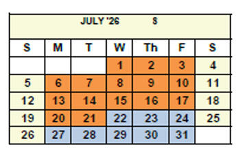 July 2026 calendar displayed in a table format with days of the week labeled Sunday through Saturday. The number ‘8’ appears in the header to indicate there are eight total workdays in the month. Monday through Friday from July 1 through July 21 are highlighted in orange to represent non-workdays or break days. The dates July 22 through July 31 are highlighted in blue to represent scheduled workdays. Weekends (Saturday and Sunday) are unshaded.