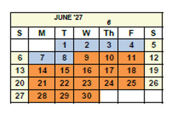 June 2027 calendar displayed in a table format with days of the week labeled Sunday through Saturday. The number ‘6’ appears in the header to indicate there are six total workdays in the month. Weekdays Monday through Friday from June 1 through June 11 are highlighted in blue to represent scheduled workdays. Weekdays Monday through Friday from June 14 through June 30 are highlighted in orange to represent non-workdays or break days. Weekends (Saturday and Sunday) are unshaded.