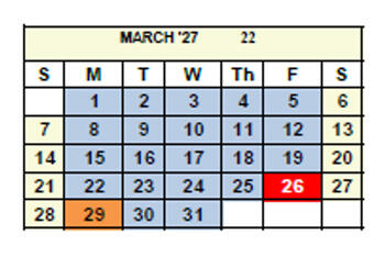March 2027 calendar displayed in a table format with days of the week labeled Sunday through Saturday. The number ‘22’ appears in the header to indicate there are twenty-two total workdays in the month. Most weekdays Monday through Friday are highlighted in blue to represent scheduled workdays. Monday, March 29, is highlighted in orange to represent a non-workday or break day. Friday, March 26, is highlighted in red to represent a holiday. Weekends (Saturday and Sunday) are unshaded.