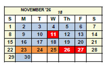 A November 2026 calendar is shown in a table with days labeled Sunday to Saturday. The header displays ‘18’ to indicate eighteen total workdays. Most weekdays (Monday to Friday) are highlighted blue for scheduled workdays. November 23–25 are highlighted orange for break days. November 11 (Wednesday) and November 26–27 (Thursday and Friday) are highlighted red for holidays. Weekends (Saturday and Sunday) are left unshaded.