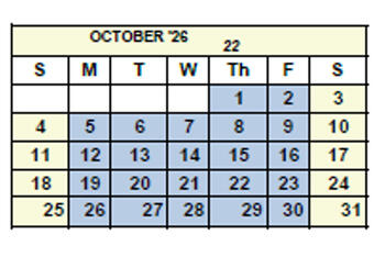 October 2026 calendar displayed in a table format with days of the week labeled Sunday through Saturday. The number ‘22’ appears in the header to indicate there are twenty-two total workdays in the month. Monday through Friday is highlighted in blue to represent scheduled workdays. Weekends (Saturday and Sunday) are unshaded.