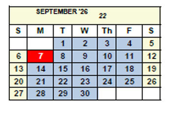 September 2026 calendar displayed in a table format with days of the week labeled Sunday through Saturday. The number ‘22’ appears in the header to indicate there are twenty-two total workdays in the month. Most weekdays Monday through Friday are highlighted in blue to represent scheduled workdays. Weekends (Saturday and Sunday) are unshaded. Monday, September 7, is highlighted in red to represent a holiday.