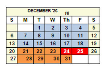 A December 2026 calendar is shown in a table with days labeled Sunday to Saturday. The header displays ‘16’ to indicate sixteen total workdays. Most weekdays (Monday to Friday) from December 1–18 are highlighted blue for scheduled workdays. December 21–23 and December 28–31 are highlighted orange for break days. December 24 (Thursday) and December 25 (Friday) are highlighted red for holidays. Weekends (Saturday and Sunday) are left unshaded.